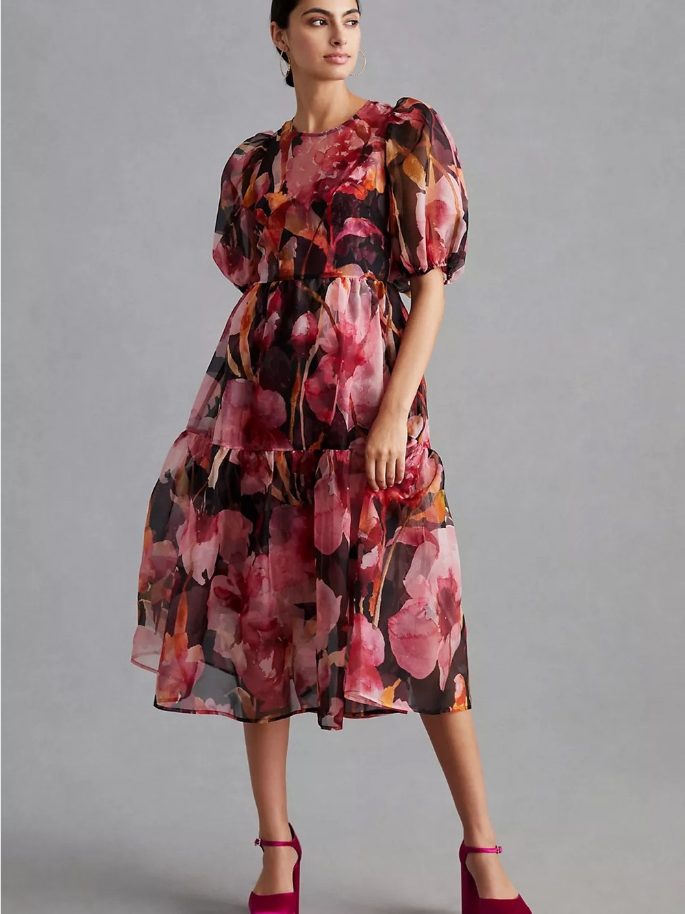Anthropologie Puff-Sleeve Organza Midi Dress SZ Xs
